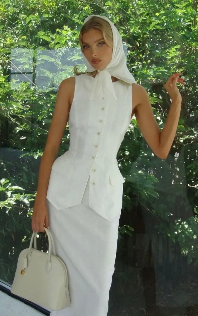 Helsa White Linen Button Front Vest Waistcoat Long XS Tank Blouse Chic